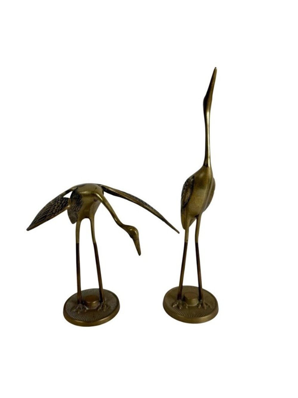 Vintage Pair Brass Crane Heron Egret Bird Figurines Statues MCM Coastal Decor